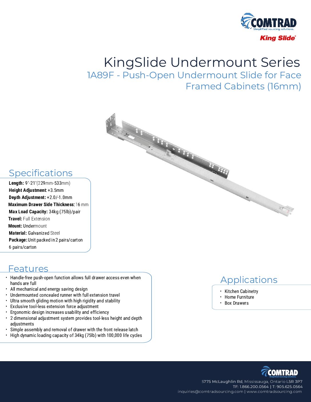 1A89F - King Slide - Under Mount Slide - Push to Open - Face Frame Cabinets - Sell Sheet
