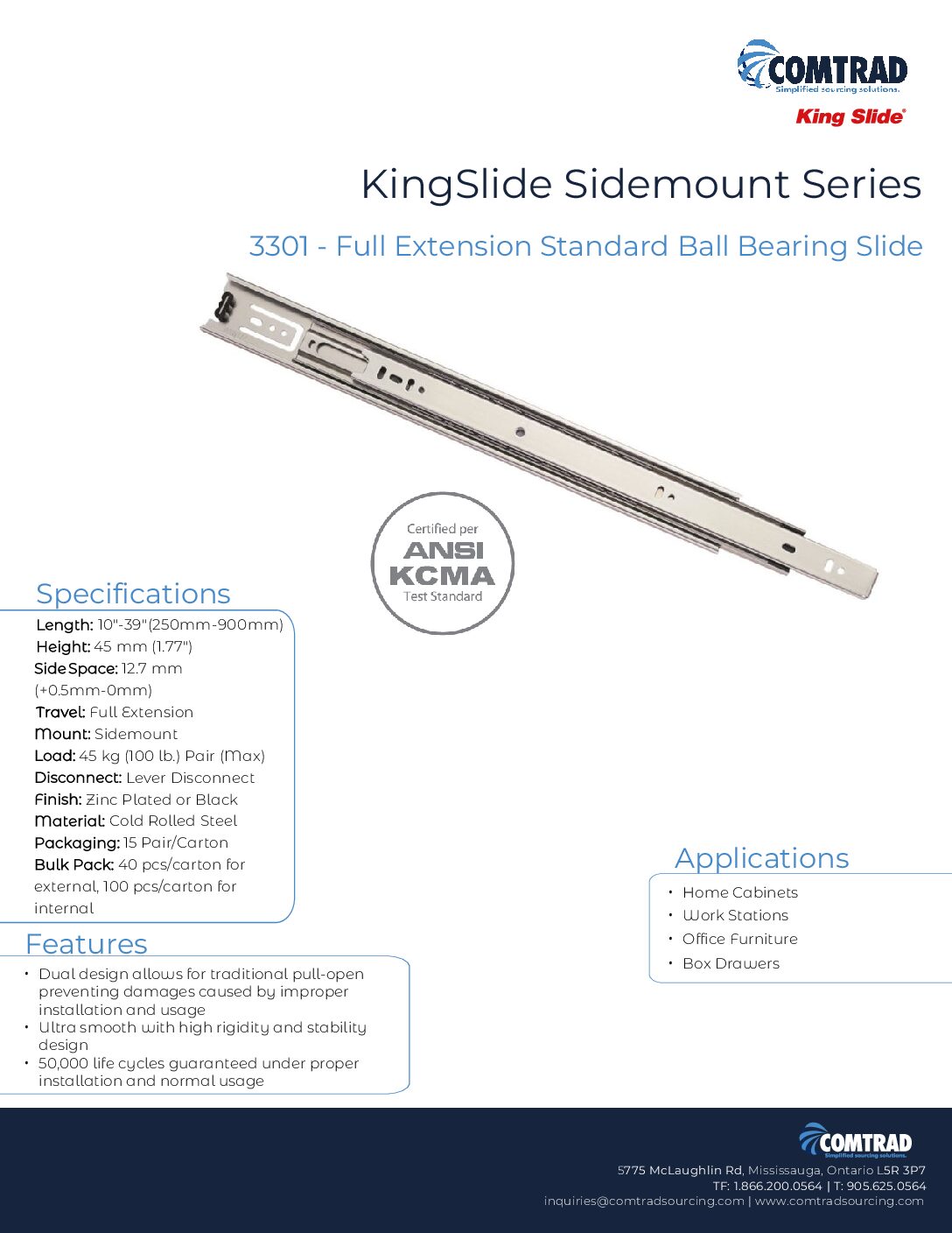 King Slide - Full Extension 100 lb. Ball-Bearing – 3301 - Sell Sheet
