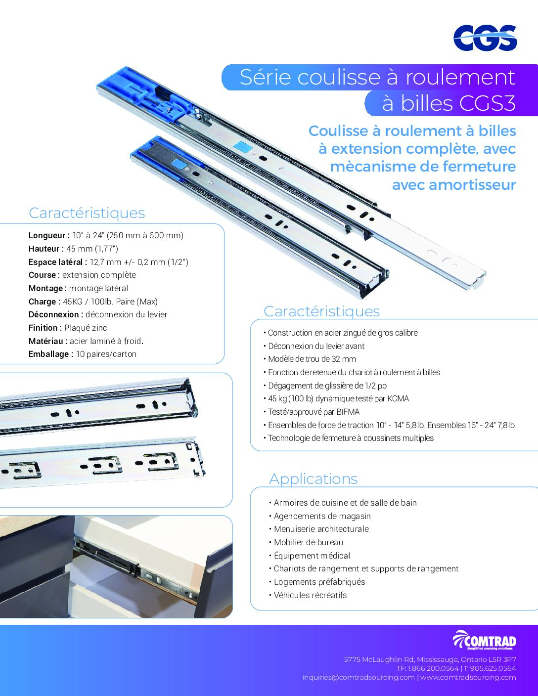 CGS3 - 100 LB KCMA Certified Cushion Close Full Extension Ball-Bearing Slide - FRENCH