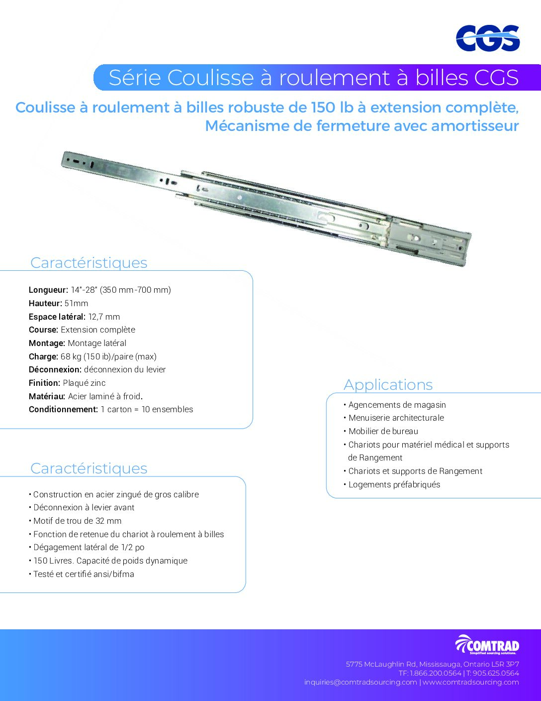 COMTRAD - Sell Sheet - 150 lb Heavy Duty Cushion Close Full Extension Ball Bearing Slides - FRENCH
