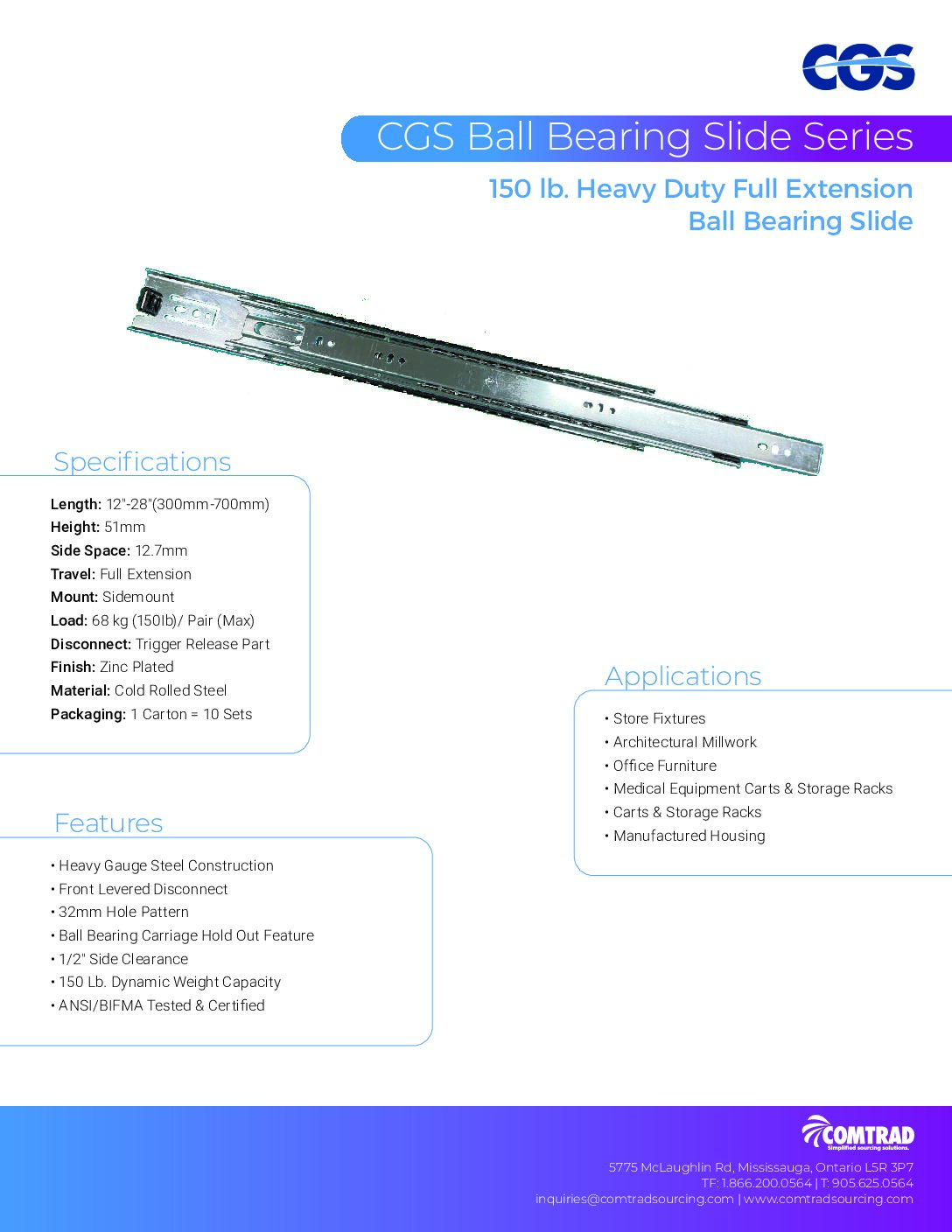 COMTRAD - Sell Sheet - 150 lb Heavy Duty Full Extension Ball Bearing Slides - ENGLISH
