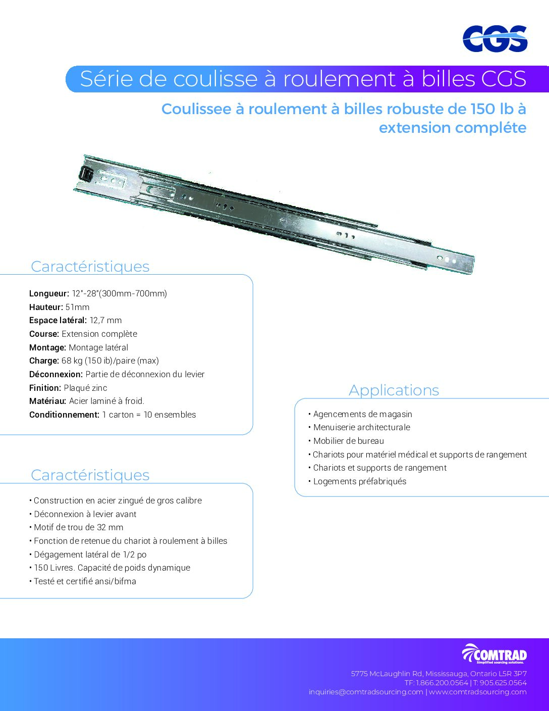 COMTRAD - Sell Sheet - 150 lb Heavy Duty Full Extension Ball Bearing Slides - FRENCH
