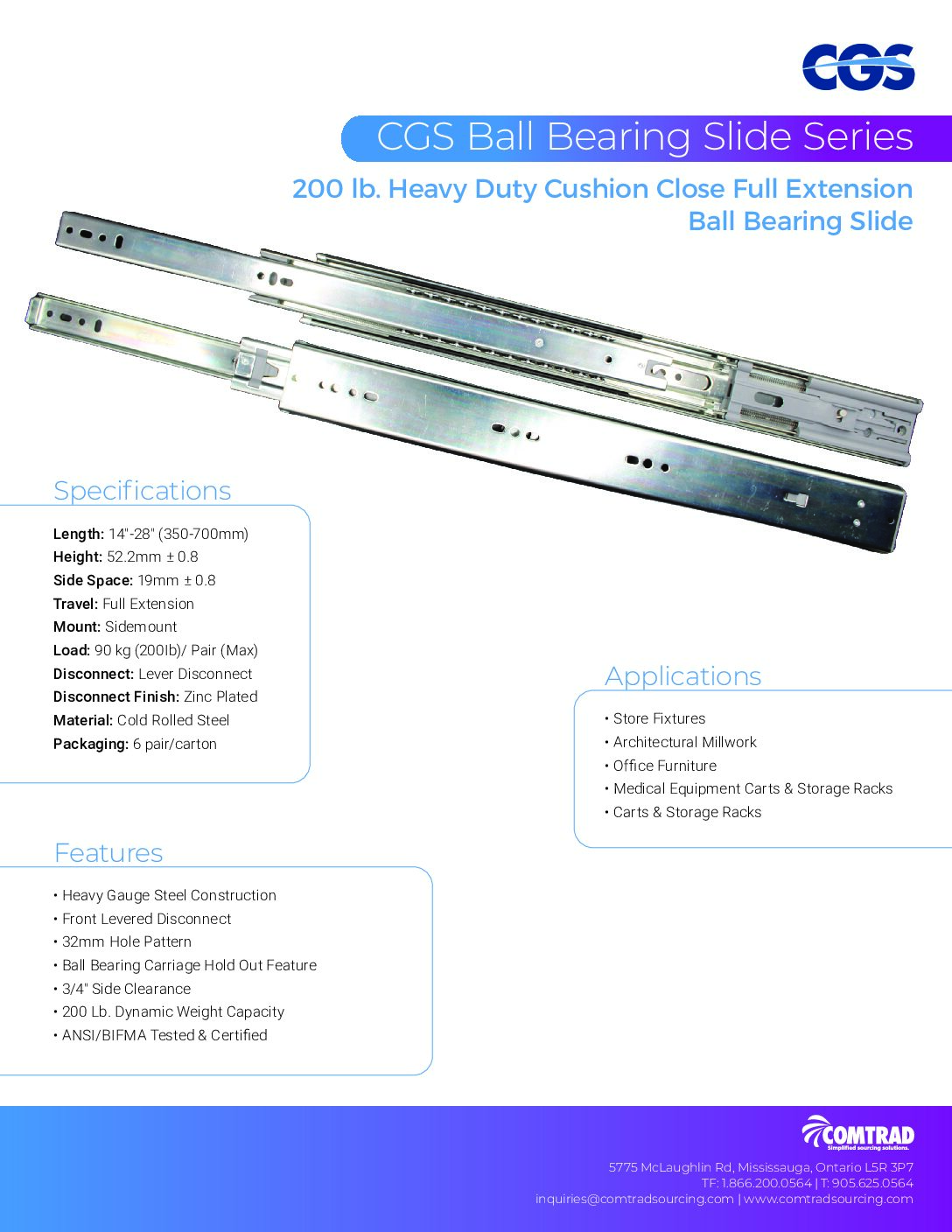 COMTRAD - Sell Sheet - 200 lb Heavy Duty Cushion Close Full Extension Ball Bearing Slides - ENGLISH