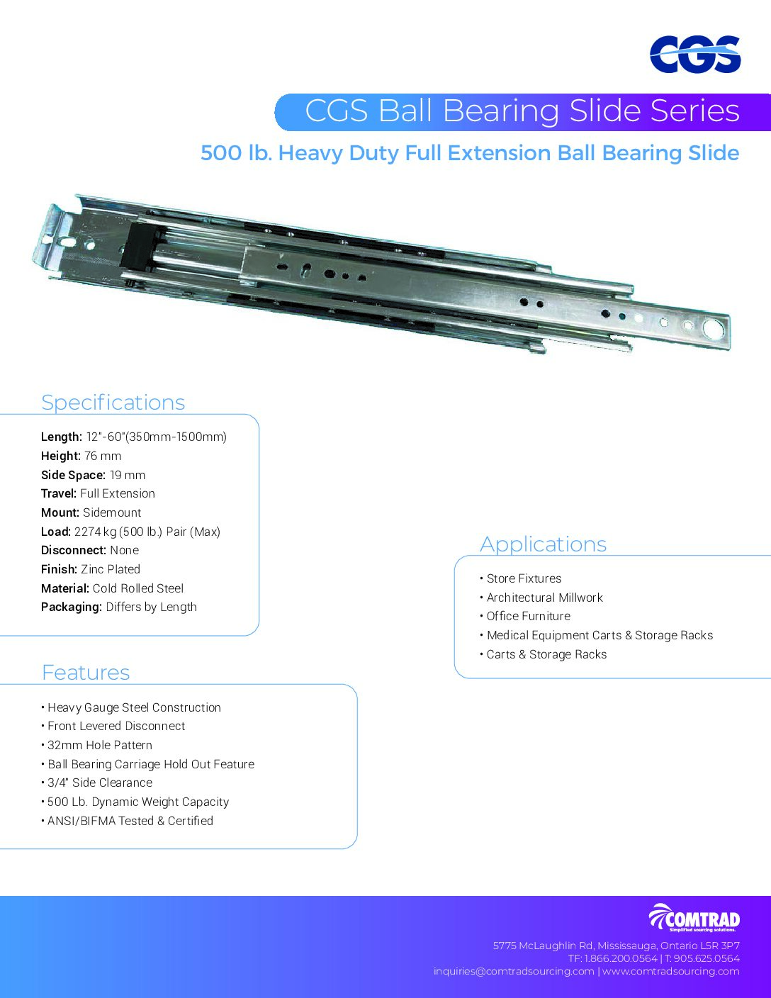 COMTRAD - Sell Sheet - 500 lb Heavy Duty Full Extension Ball Bearing - ENGLISH