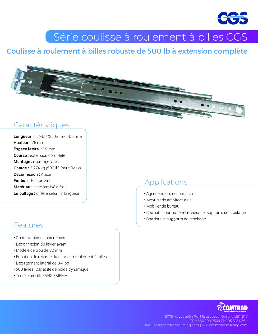 COMTRAD - Sell Sheet - 500 lb Heavy Duty Full Extension Ball Bearing - FRENCH