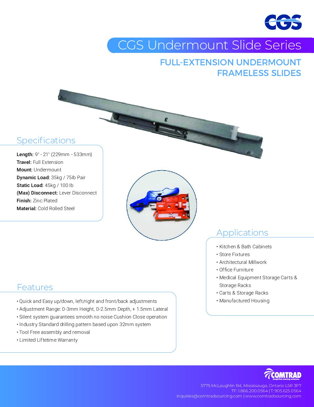 COMTRAD - Sell Sheet - Undermount - Full Extension Frameless Slide - English