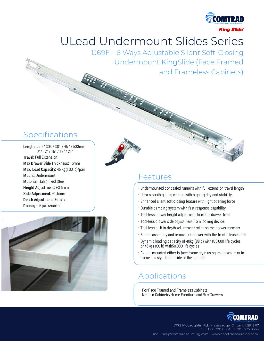 IJ69F - Ulead Undermount Slides Series - 6 Way adjustable Silent Soft Closing Undermount Slide