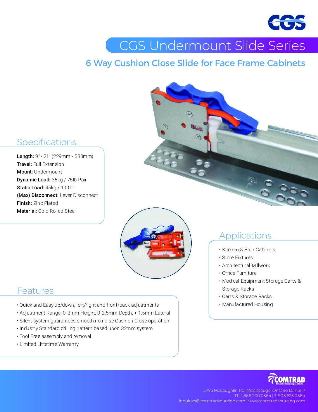 COMTRAD - Sell Sheet - Drawer Slide - Undermount -6 way Cushion-Close Face Frame - ENGLISH